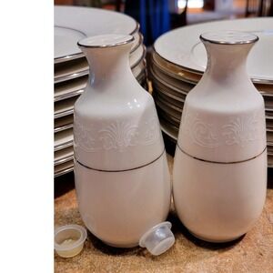 Noritake Marseille Ivory Ceramic Salt Pepper Shakers Set Ornate Scroll Silver